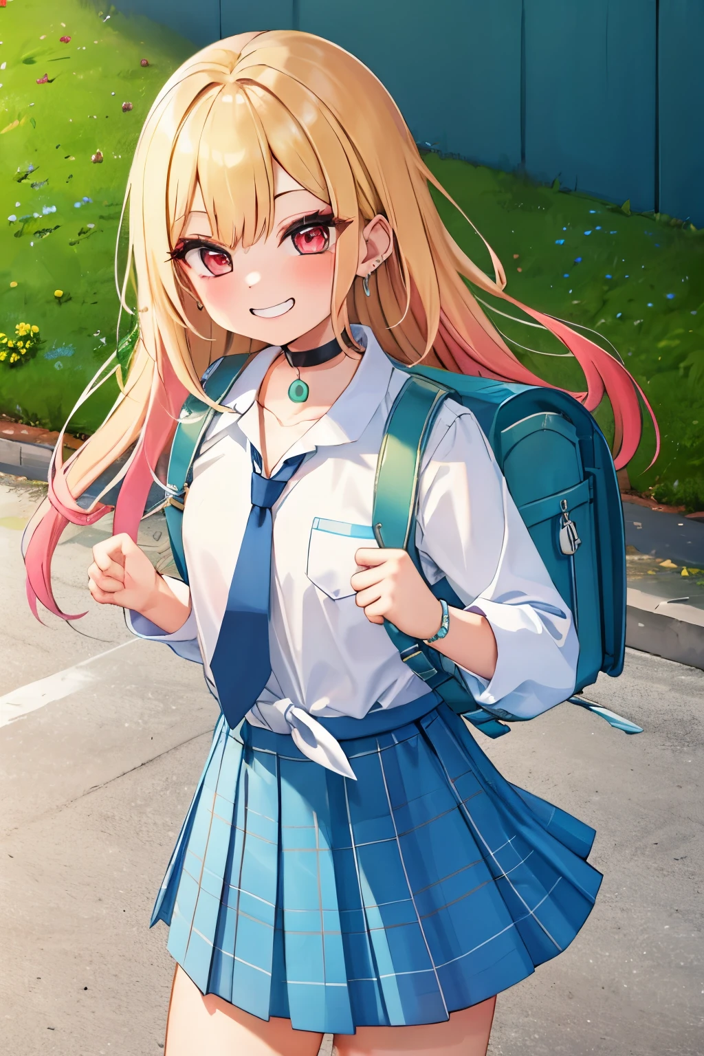 masterpiece, hd, best quality, highres, kitagawa marin, 1girl, blonde hair, long hair, multicolored hair, red eyes, jewelry, earrings, piercing, , white shirt, tied shirt, black choker, blue necktie, plaid skirt, grin, smile, standing, cowboy shot, outdoors, blue skirt, carries school backpack, (school backpack:1.1)