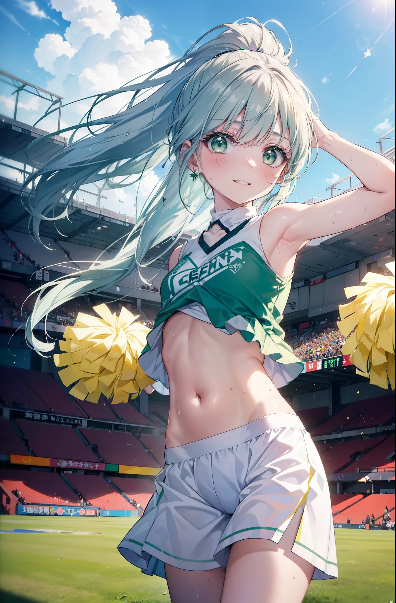 index, index, (green eyes:1.5), silver hair, long hair, (flat chest:1.2),ponytail,(cheer leading), (whole body), lower, (sweaty), sweaty Wet Clothes, (white clothes), , Navel support, playground, (jump), (jump), 足を曲げてjumpする, air, blue sky, Grass原, smile,Cheerleader, pom pom \(cheer leading\), Grass, smile,
break looking at viewer, Upper body, whole body,
break indoors, stadium,
break (masterpiece:1.2), highest quality, High resolution, unity 8k wallpaper, (figure:0.8), (detailed and beautiful eyes:1.6), highly detailed face, perfect lighting, Very detailed CG, (perfect hands, perfect anatomy),