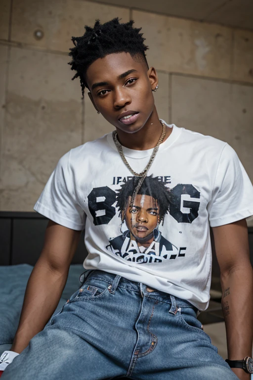18 year old anime black anime boy with a gap in his teeth that look like a vampire's while holding a gun next to his face with nappy hair and a white Naruto T Shirt and a diamond watch with a thick tornado chain on his chest and denim jeans and wearing Jordan sneakers and has a thick slash scar in his right eye