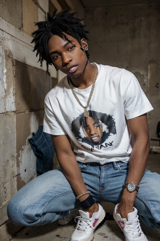 18 year old anime black anime boy with a gap in his teeth that look like a vampire's while holding a gun next to his face with nappy hair and a white Naruto T Shirt and a diamond watch with a thick tornado chain on his chest and denim jeans and wearing Jordan sneakers and has a thick slash scar in his right eye