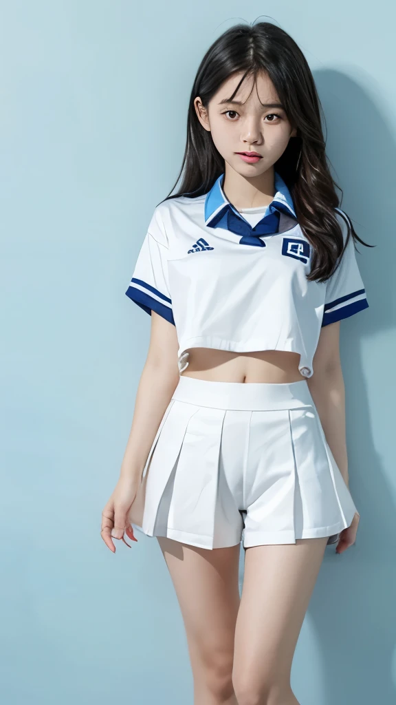 a girl,asian face,small ,Fourteen,Wearing school uniform sportswear and sports shorts,Lift the top,Leaking out the entire abdomen