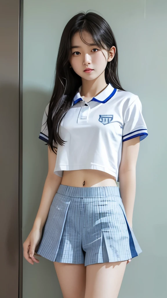 a girl,asian face,small ,Fourteen,Wearing school uniform sportswear and sports shorts,Lift the top,Leaking out the entire abdomen