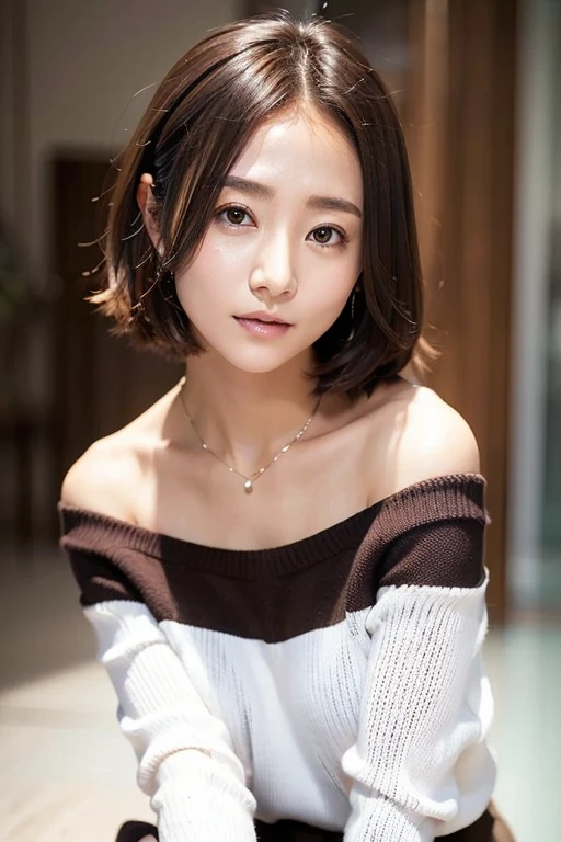 Beautiful Japanese woman、1 person,very pretty and slim、outstanding style 、((8K image、super high quality))、very delicate face, skin and hair、short hair、straggling hair,(((((gradient hair、brown hair))))),Very cute Japanese cut face、Eyes and nose are clearly visible、kind eyes,(((white off shoulder sweater、simple background、looking at the viewer)))、full body shot