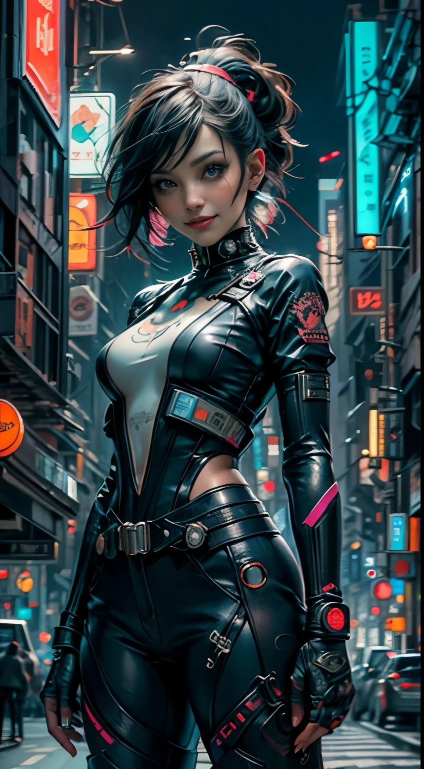 masterpiece, best quality, ((smiling)) cyberpunk girl standing together, Cyberpunk body harness, body tattoo, bold colors and patterns, eye-catching accessories, trendy and innovative hairstyle, dazzling Cyberpunk cityscape, skyscrapers, neon signs, LED lights, bright and vivid color scheme, anime, illustration, detailed skin texture, detailed cloth texture, beautiful detailed face, intricate details, ultra detailed, cinematic lighting, dark shadows.