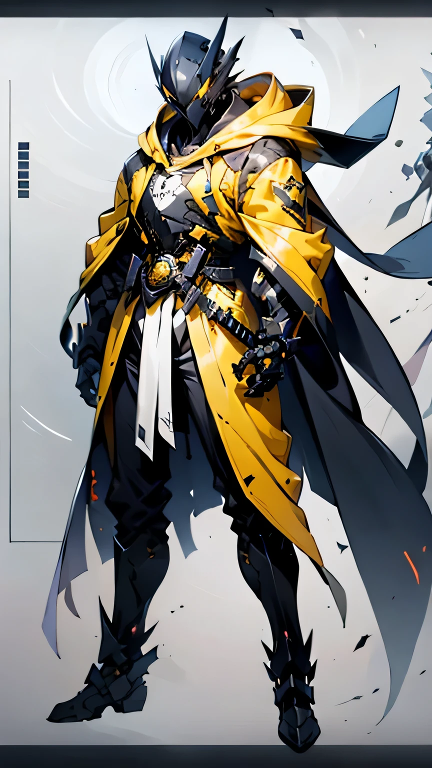 weapon, long_hair, hood, sword, 1boy, hood_up, white_hair, katana, male_focus, sheath, yellow_eyes, multiple_views, futuristic_background, black_pants, pants, very_long_hair, standing, jacket, sheathed, glowing, white_jacket, open_clothes, hair_over_one_eye, full_body, reference_sheet, long_hooded_jacket