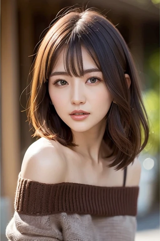 beautiful japanese woman、1 person,very pretty and slim、outstanding style 、((8K image、super high quality))、very delicate face, skin and hair、short hair、straggling hair,(((((gradient hair、brown hair))))),Very cute Japanese cut face、Eyes and nose are clearly visible、kind eyes,(((white off shoulder sweater、simple background、looking at the viewer)))、full body shot