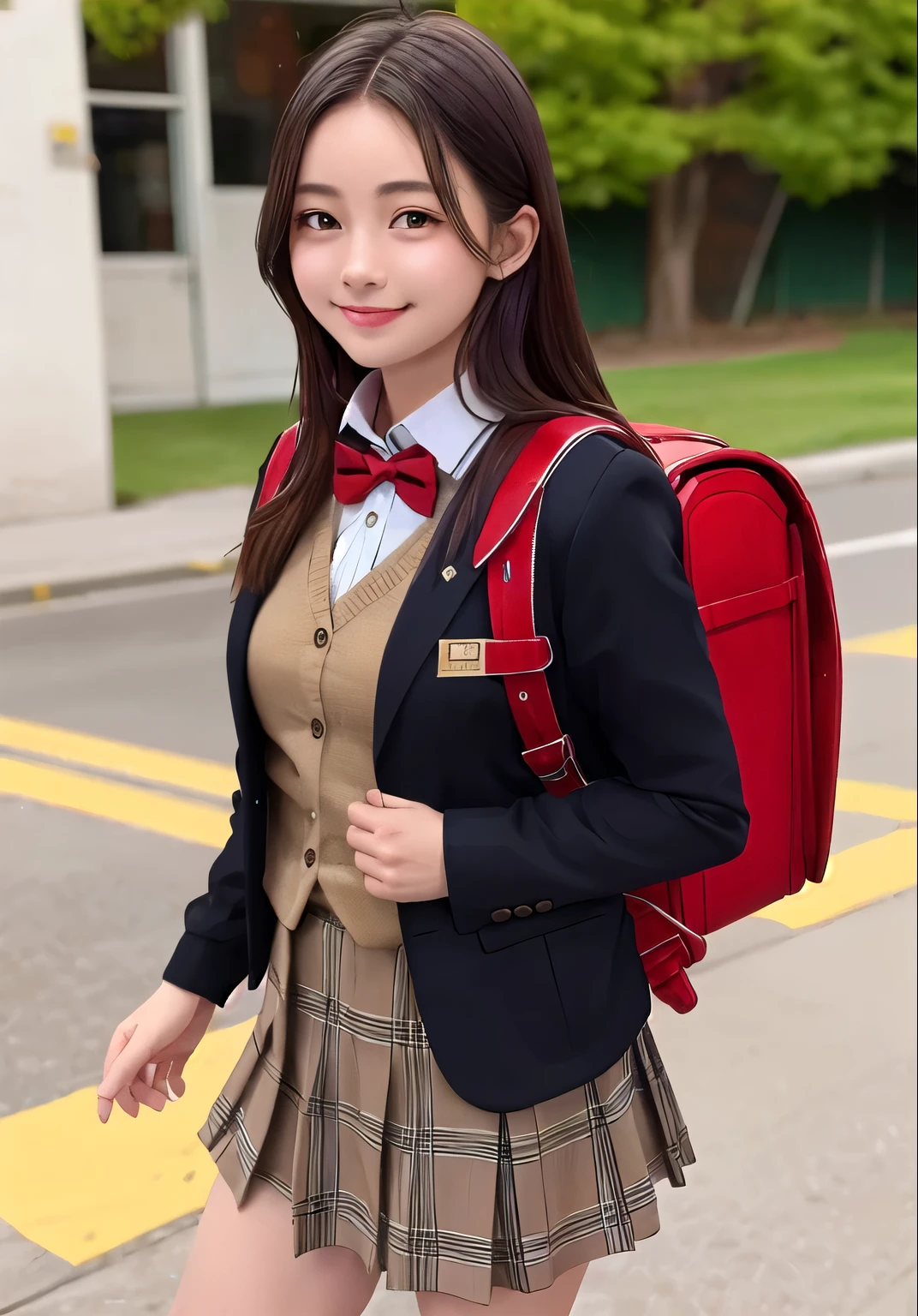 (masterpiece, best quality:1.0), highly detailed,  detail,  1girl , highschool student, long hair, brown hair, UNiform, red bowtie, collared shirt, sweater vest, blazer, black blazer, opened jacket, long sleeves, plaid skirt, brown skirt, outdoor,  smile,  standing, cowboy shot, wearing randoseru backpack, (randoseru backpack:1.1), red backpack 