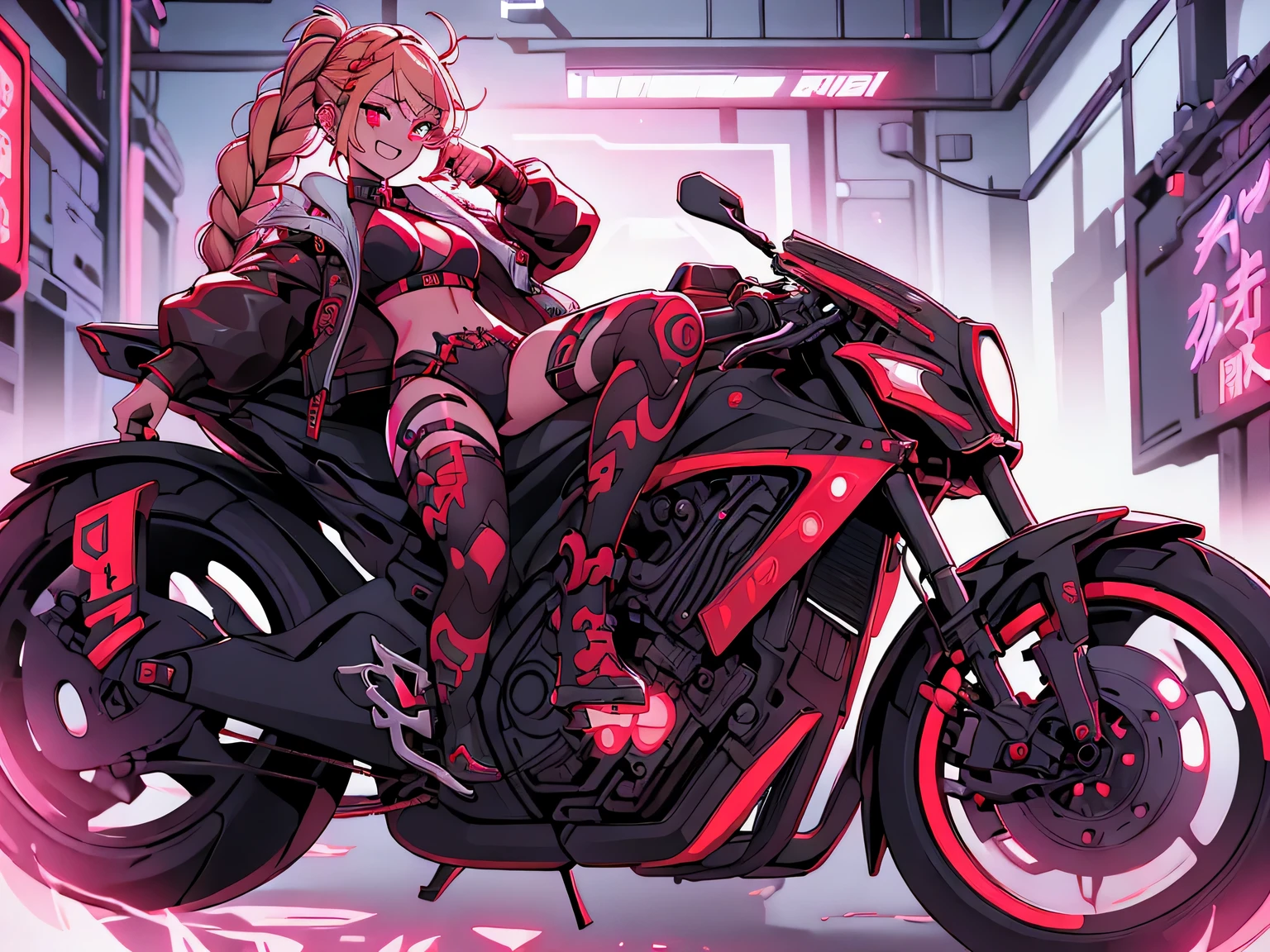 1girl, rebecca \(cyberpunk\), full body, solo, blonde braid hair, glowing red eyes,laugh fearlessly, leg tattoo, neck tattoo,  large chest, black bra, thong, red pupils, skin fang, red eyes, black jacket, Straddling a motorcycle、dynamic angle、dynamic pose、