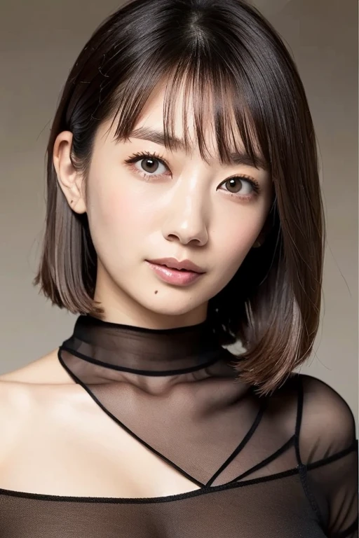 beautiful japanese woman、1 person,very pretty and slim、outstanding style 、((8K image、super high quality))、very delicate face, skin and hair、short hair、straggling hair,(((((gradient hair、brown hair))))),Very cute Japanese cut face、Eyes and nose are clearly visible、kind eyes,(((white off shoulder sweater、simple background、looking at the viewer)))、full body shot