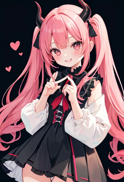 beautiful illustrations, highest quality, pretty girl,beautiful girl、clear face、 half girl、pastel colour ,red hair、black eyes、smile、blush、にこやかなsmile、thighs、devil、black feather、fantasy、fantasy、perfect hands、five fingers、twin tails、horns on head