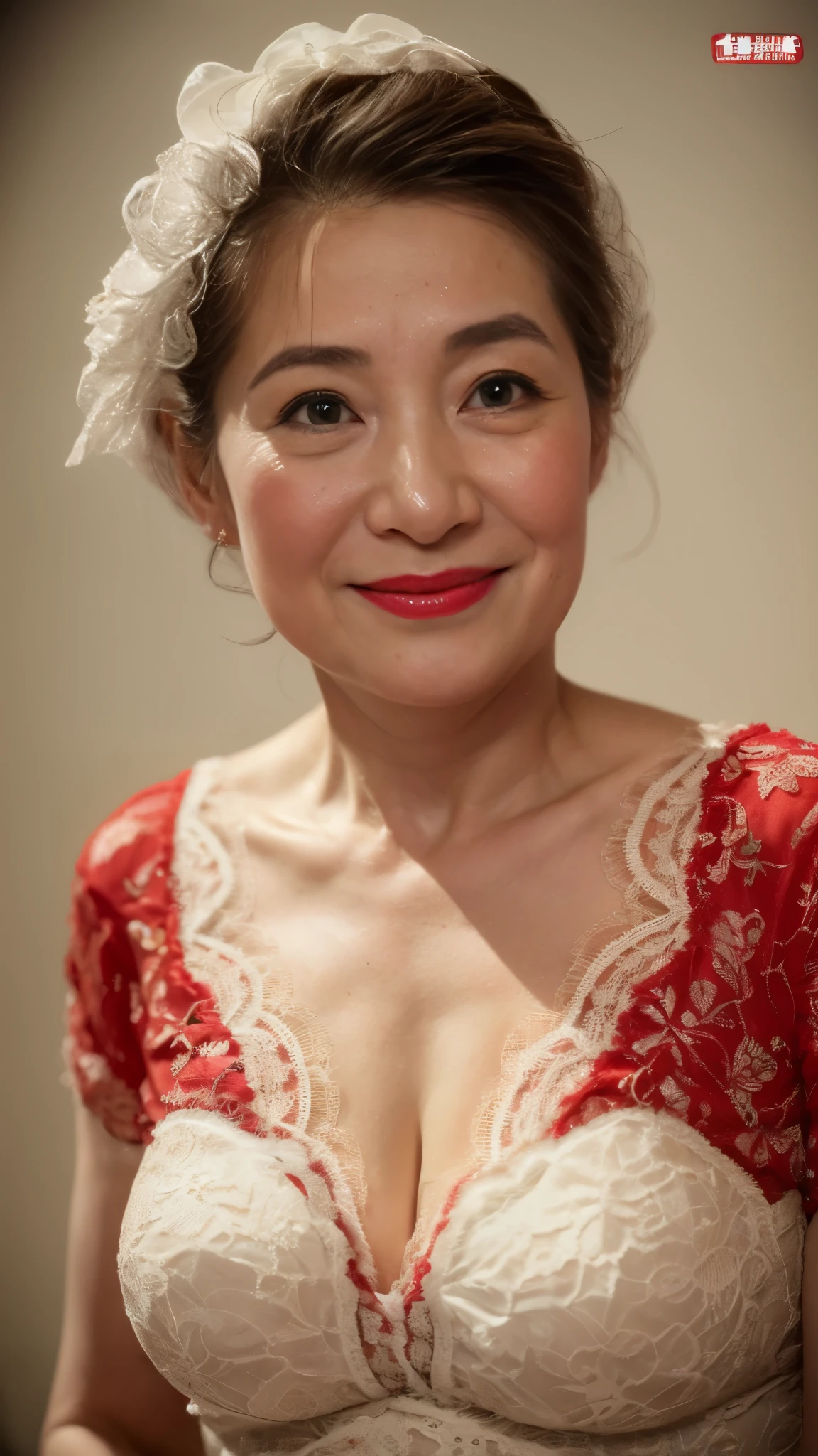 remove background, gravure, (old face), in the spotlight, describe the lips correctly, red lipstick, from the chest up, Naughty wedding dress, Flashy face, highest quality, Super detailed, realistic, super dense skin, perfect beauty, (A decaying old lady), (erotic), 120 years old, big breasts, Bewitching, Glamour, sexy, pure white skin, looking at the viewer,