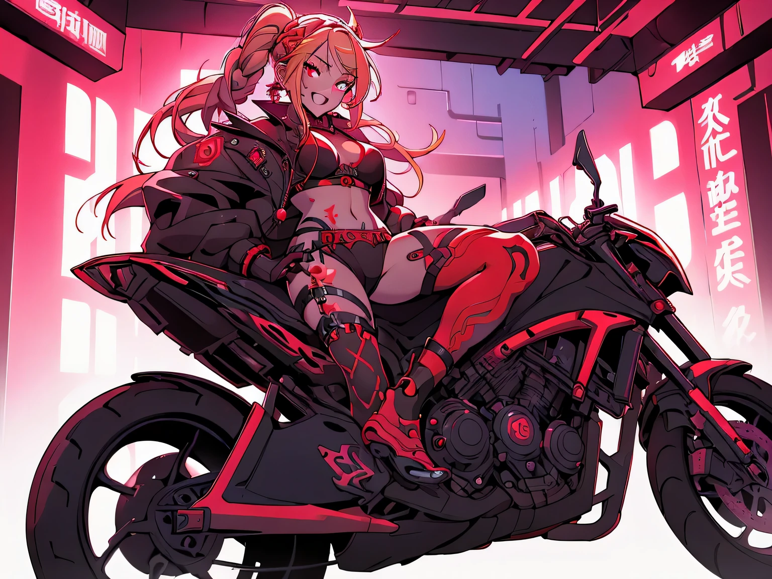 1girl, rebecca \(cyberpunk\), full body, solo, blonde braid hair, glowing red eyes,laugh fearlessly, leg tattoo, neck tattoo,  large chest, black bra, thong, red pupils, skin fang, red eyes, black jacket, Straddling a motorcycle、dynamic angle、dynamic pose、