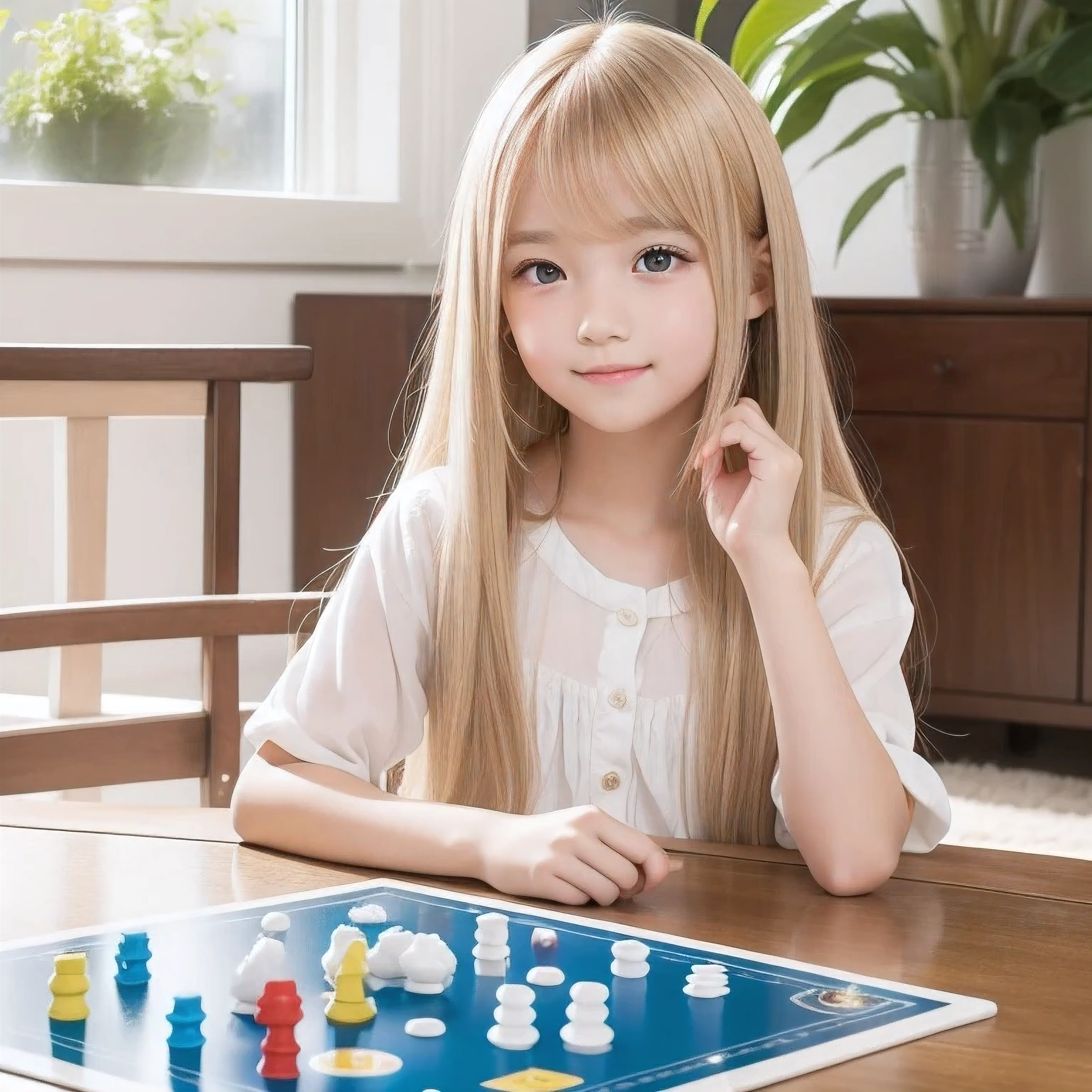 Shiny and transparent white skin、Windy hair disturbs your cute face、giant、one 10 year old cute sexy little beautiful face、Beautiful straight hair that stands out、spectacular, beautiful azure eyes with bright、Long soft bangs that cover cute eyes, sexy face hiding hair super long hair sexy cute young women long natural blonde shiny shiny hair,smile, Sitting around the table playing a board game, board game catan, The board game looks good, Table-centered composition,