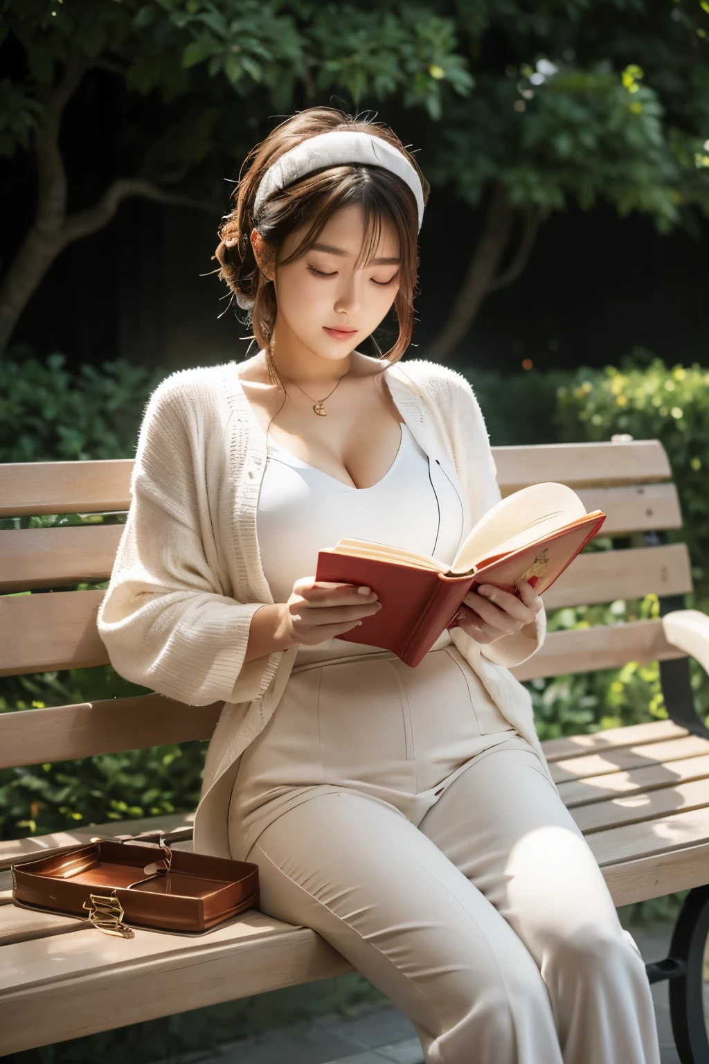 Korean beauty sitting on a bench and reading a book, different actions, clothes:random color, (small breasts:1.1),