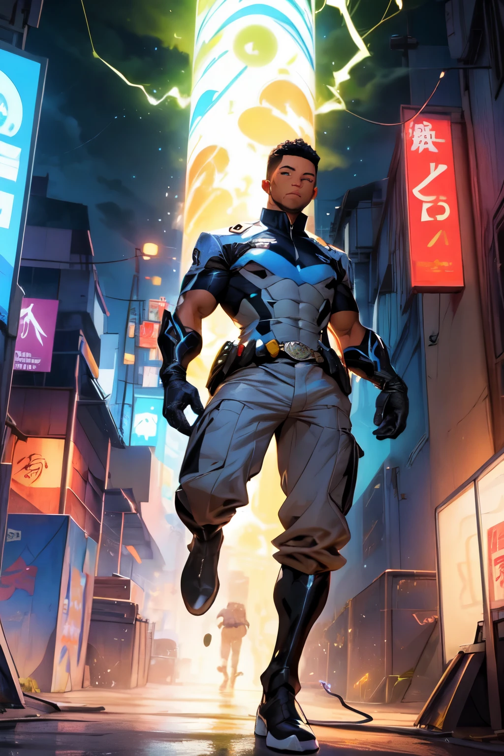 arte perfeita, anime, young black man in hero uniform, uniforme meclando as cores azul e branco, Electric powers emanate from your hands, na cidade a noite