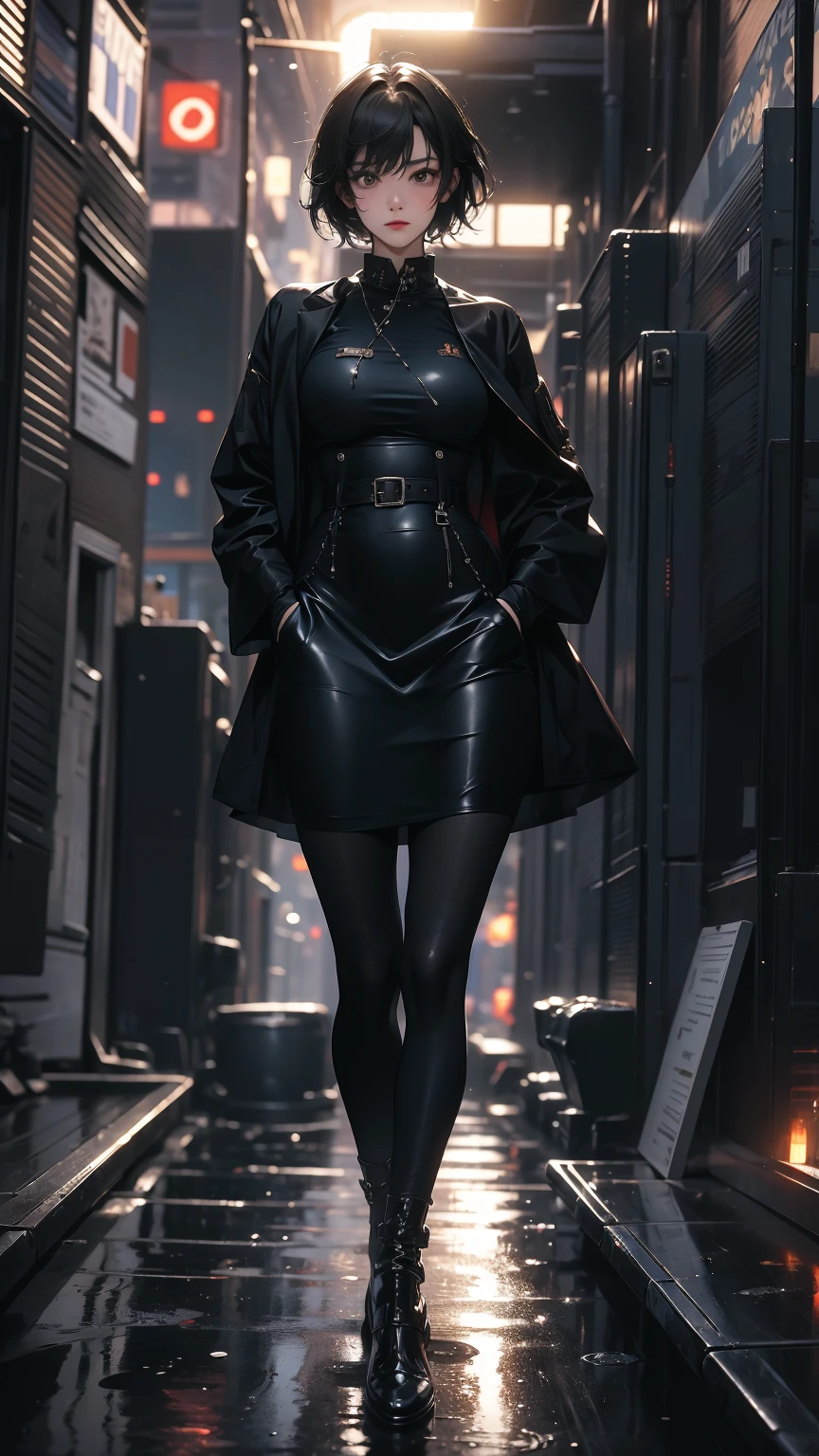 ((Highly detailed CG unit 8k wallpaper, masterpiece, High resolution, highest quality, highest qualityのリアルテクスチャスキン)), (Hands in pockets pose:1.5, fashion pose:1.2, A cool NY fashion girl influenced by nostalgic and inorganic mode fashion., detailed costume:1.4, fine embroidery, Military jacket and high waist maxi skirt combination:1.3, Asymmetrical short hair, Nana Komatsu), (blurred background, An empty back alley in New York),, hyper realistic, digital painting, concept art,
