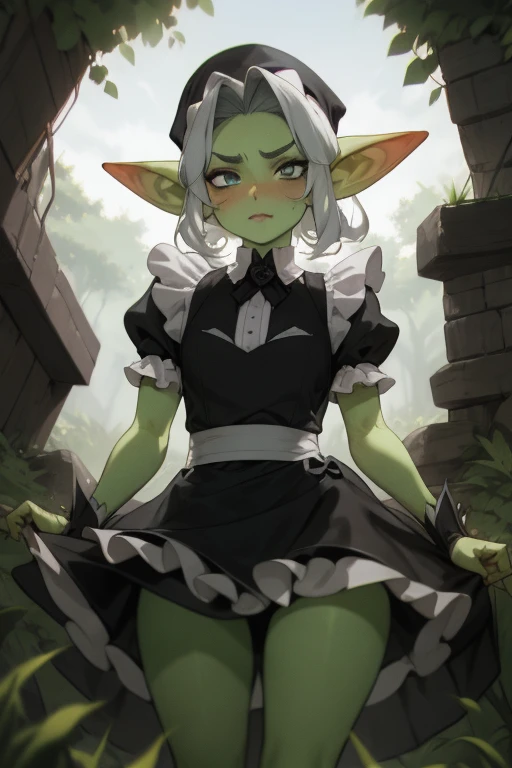 una joven goblin de aspecto encantador pero travieso. Sus ojos amarillos brillan con astucia y curiosidad, siempre explorando su entorno con un brillo travieso. Su piel verde resplandece con un tono vibrante, showing their connection with nature and their home in the forests. Su pelo blanco como la nieve cae en largas coletas, adding a striking contrast to your skin and eyes. Las coletas, aunque recogidas, They give it a playful and carefree air. Siempre parece estar lista para emprender una aventura o una travesura. Viste un vestido de mucama blanco y negro, con la falda que cae por encima de las rodillas, lo que le permite moverse con facilidad mientras realiza sus labores cotidianas. Las medias blancas llegan hasta sus muslos, aportando un toque coqueto y femenino a su atuendo. Although his clothing might suggest submission, Zibra carries with her a spark of rebellion and determination, proving that she is much more than a simple maid.