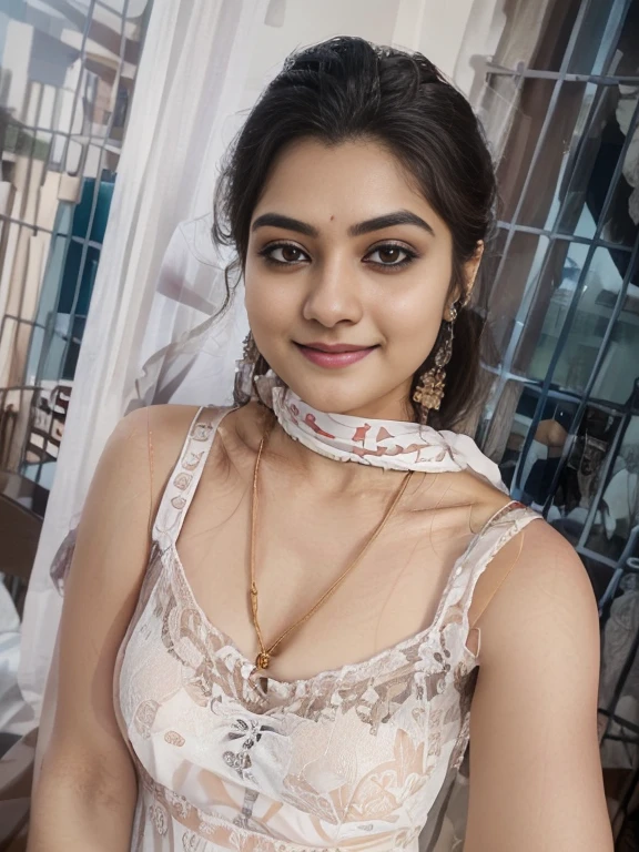 (a young indian naked women in closup shoot of vedika), no clothes, (highly detailed face:1.4) (smile:0.7) (backround hotel room, moody, private study:1.3) POV, medium breasts