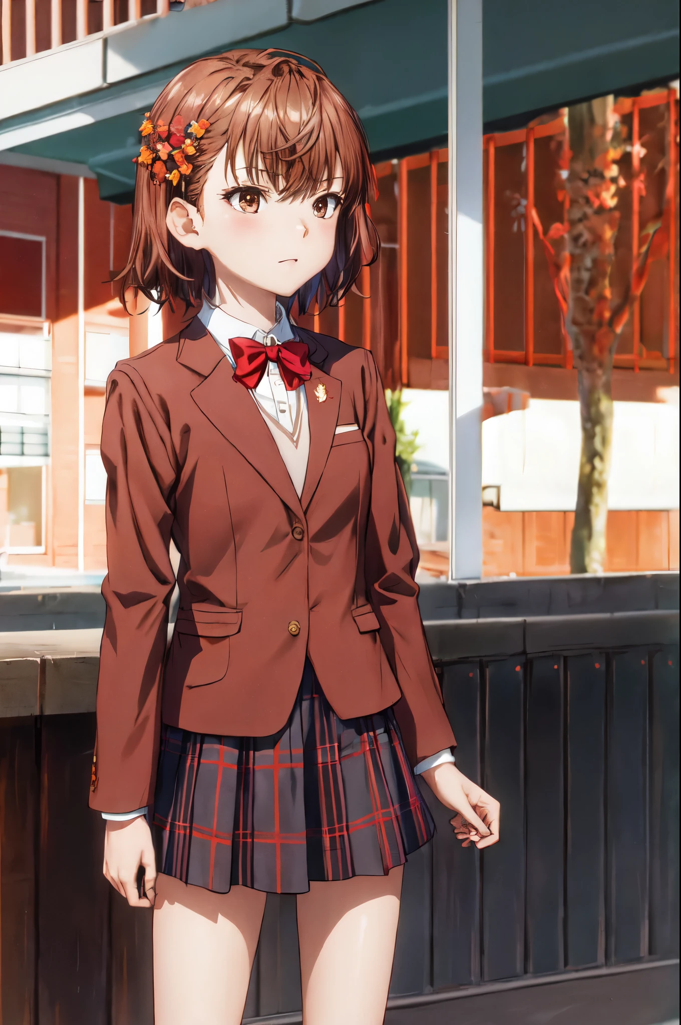 masterpiece, best quality, highres, aamikoto, short hair, hair flower, red bowtie, blazer, brown jacket, long sleeves, plaid skirt, standing, cowboy shot, outdoors