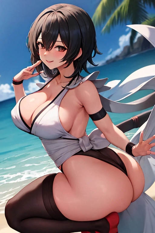 masterpiece, best quality, beautiful art, high resolution, well formed hands, body and fingers, 1 woman, solo, Lumine, adult, grown up, big breasted, cleavage, full body, wearing a Iroha Samurai Shodown outfit, hair ornament, gorgeous legs and thighs, black stockings, maid, sexy Japanese clothes, pelvic curtain, leotard peeking, dancing seductively and erotically, turning backwards and forwards , showing her back and front, showing her butt, smiling joyfully, looking at the viewer, flirting, beach environment , biting her lips