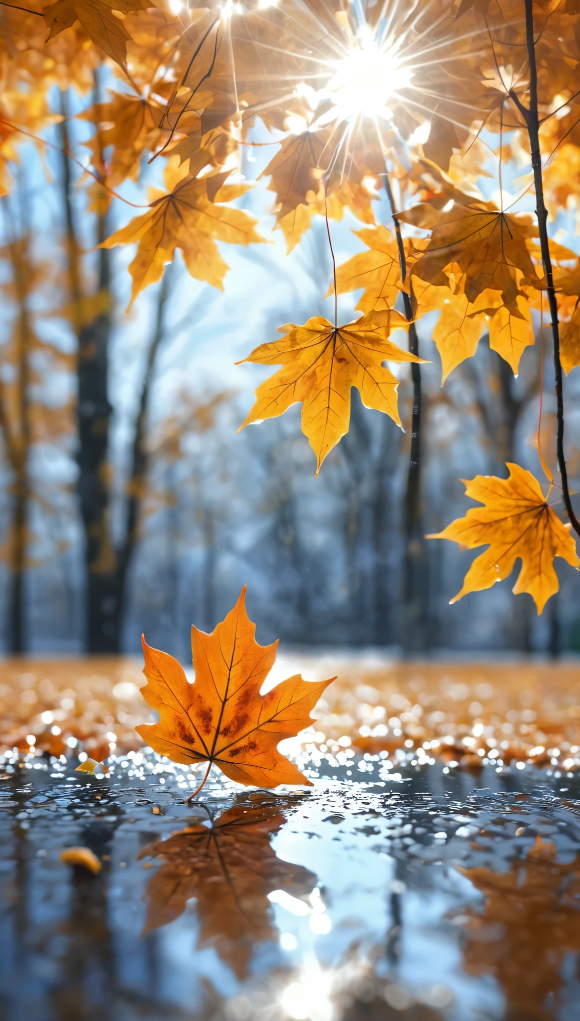 Wallpaper, standing autumn, maple leaves, trees, sky, white clouds, HD detail, wet watermark, hyperdetail, film, surrealism, soft light, deep field focus bokeh, ray tracing, diffusion (ultra-fine glass reflection) and surrealism.