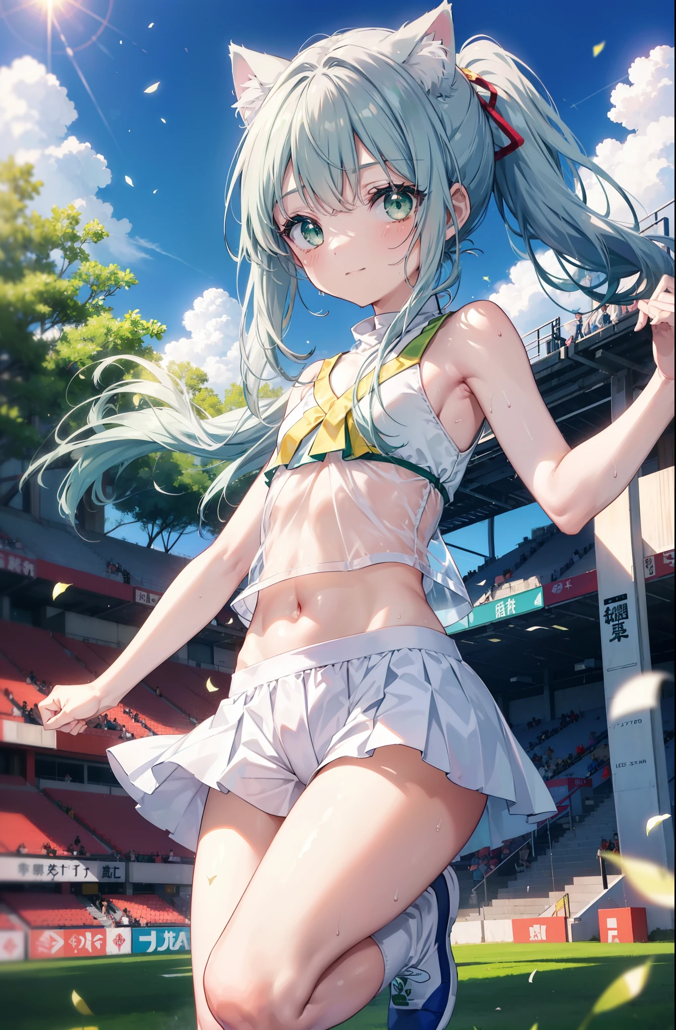 index, index, (green eyes:1.5), silver hair, long hair, (flat chest:1.2),ponytail,(cheer leading), (whole body), Cat ear,cat tail,lower, (sweaty), sweaty Wet Clothes, (white clothes), , Navel support, playground, (jump), (jump), 足を曲げてjumpする, air, blue sky, Grass原, smile,Cheerleader, pom pom \(cheer leading\), Grass, smile, 
break looking at viewer, Upper body, whole body,
break indoors, stadium,
break (masterpiece:1.2), highest quality, High resolution, unity 8k wallpaper, (figure:0.8), (beautiful deしっぽed eyes:1.6), extremely deしっぽed face, perfect lighting, extremely deしっぽed CG, (perfect hands, perfect anatomy),