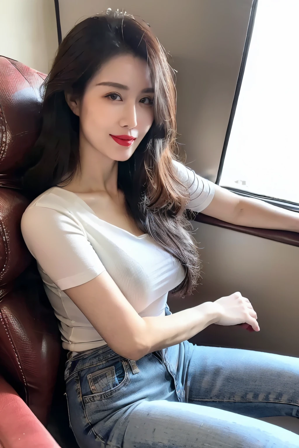 ((top quality、8k、masterpiece:1.3))、sharp focus, High level of image quality, high resolution，Upper body shirt，jeans，37-year-old woman with long hair，Mature，charming smile，Draw lips correctly，red lipstick，stand，slender body，Big breasts，Sitting on a chair，full-body shot