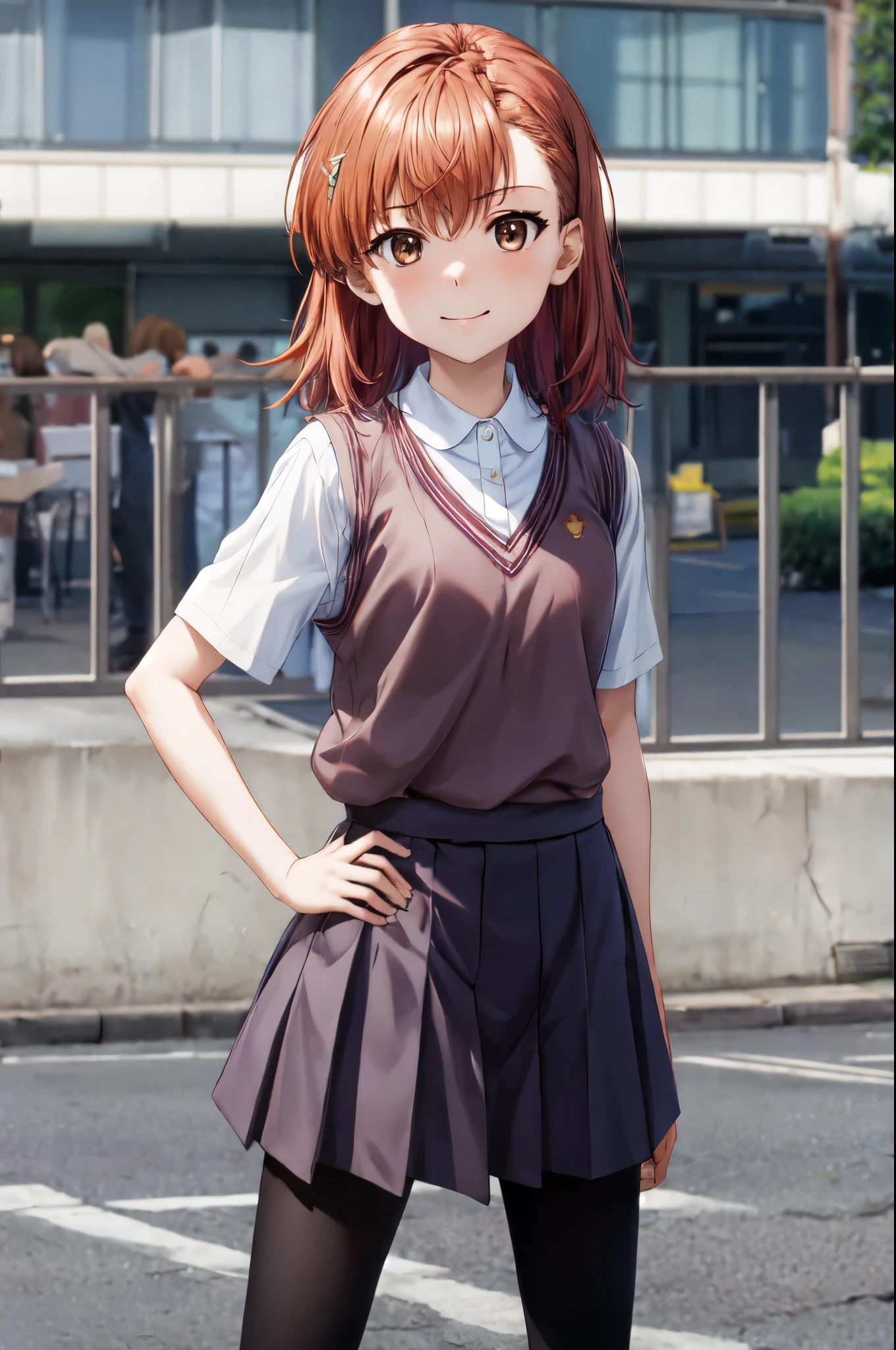 masterpiece, best quality, highres, 1girl, standing, hand on hip, misaka mikoto tokiwadai 