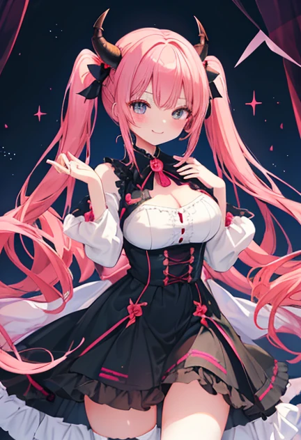 beautiful illustrations, highest quality, pretty girl,beautiful girl、clear face、 half girl、pastel colour ,red hair、black eyes、smile、blush、にこやかなsmile、thighs、devil、black feather、fantasy、fantasy、perfect hands、five fingers、twin tails、horns on head、big breasts