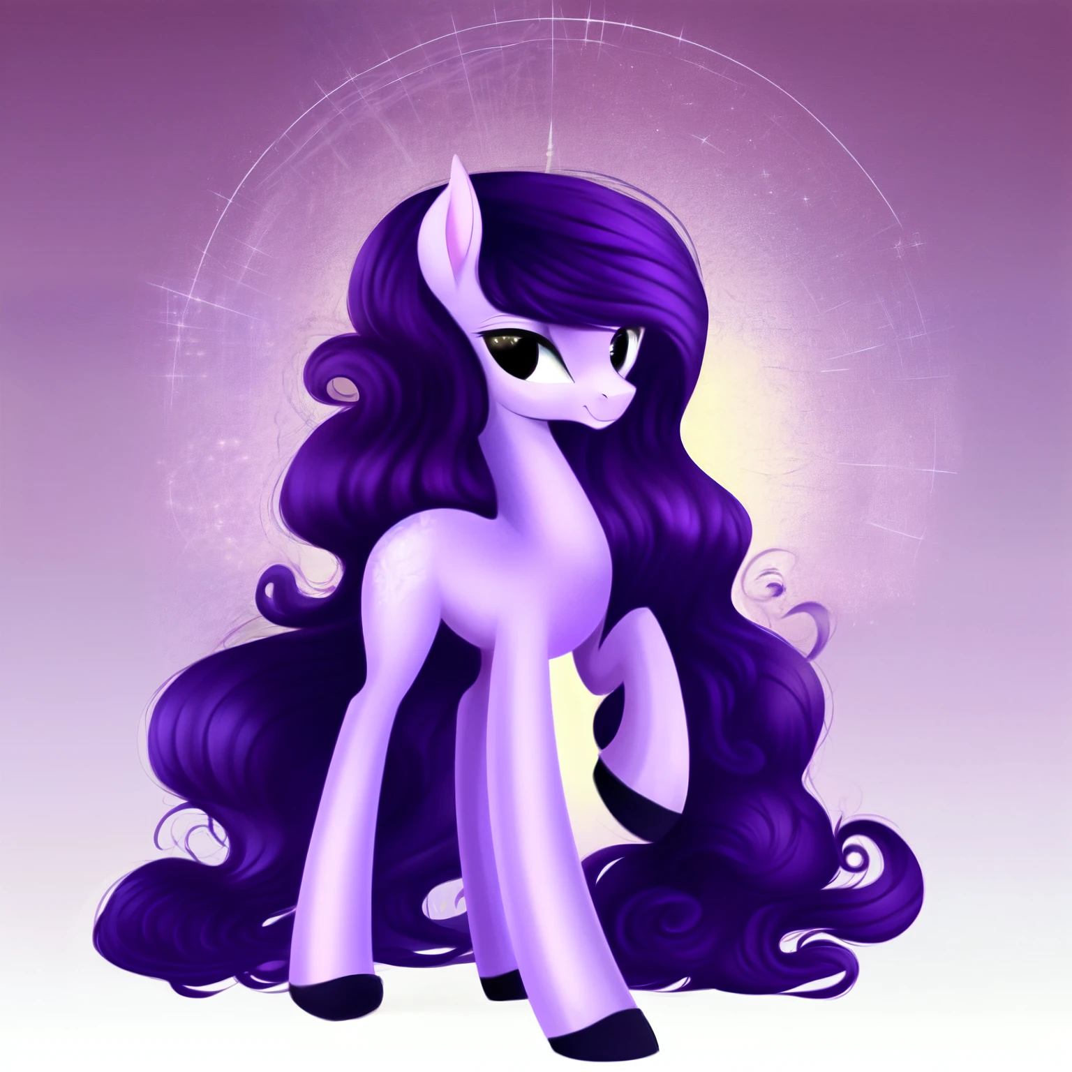 pony, intricate details, Vaccination, prune, [interesting:3, ]Dribbling, Gorgeous, Popular topics on ArtStation, alone, only 4 legs, only 4 hooves。Light purple skin，Dark purple mane，long hair，wavy curls。The mane is long, flowing mane, cute的小马脸, Smile, portrait, intricate details, Soft gradient shadow，Light purple skin，Dark purple mane，long hair，wavy curls，loose hair，black eyes。Exquisite light and shadow。cute，gentle，Gentle face