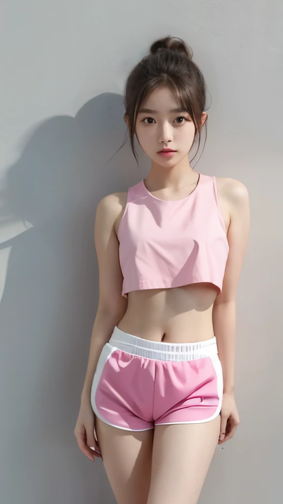 a girl,asian face,small ,Fourteen,Wearing a pink crop top and white low-rise shorts,The entire belly button is exposed