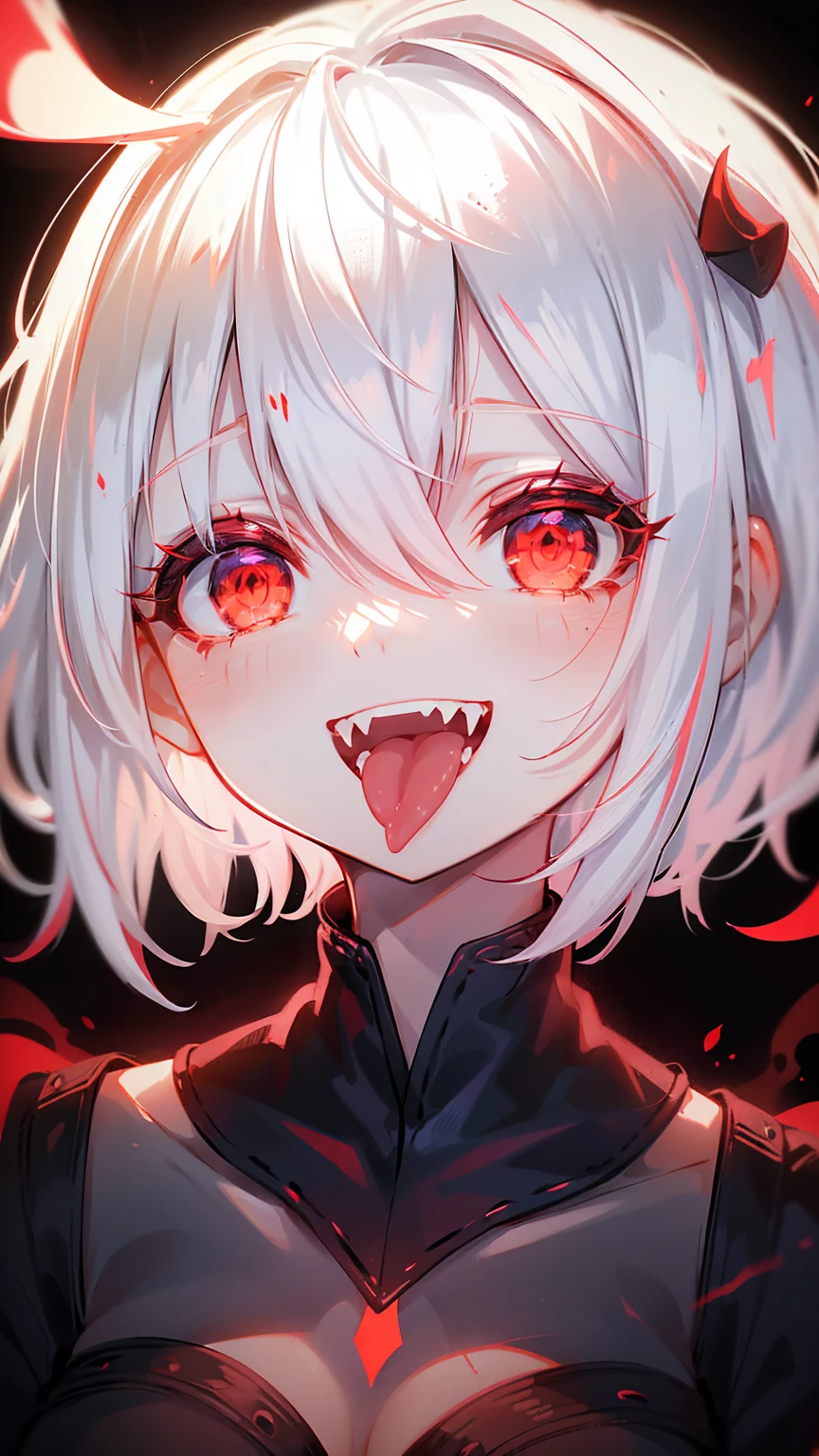 1girl,solo,looking at viewer,smile,short hair,open mouth,red eyes,1girl,hair between eyes,white hair,teeth,tongue,glowing,colored skin,fangs,portrait,glowing eyes,close-up,glowing eye,
DarkerLight