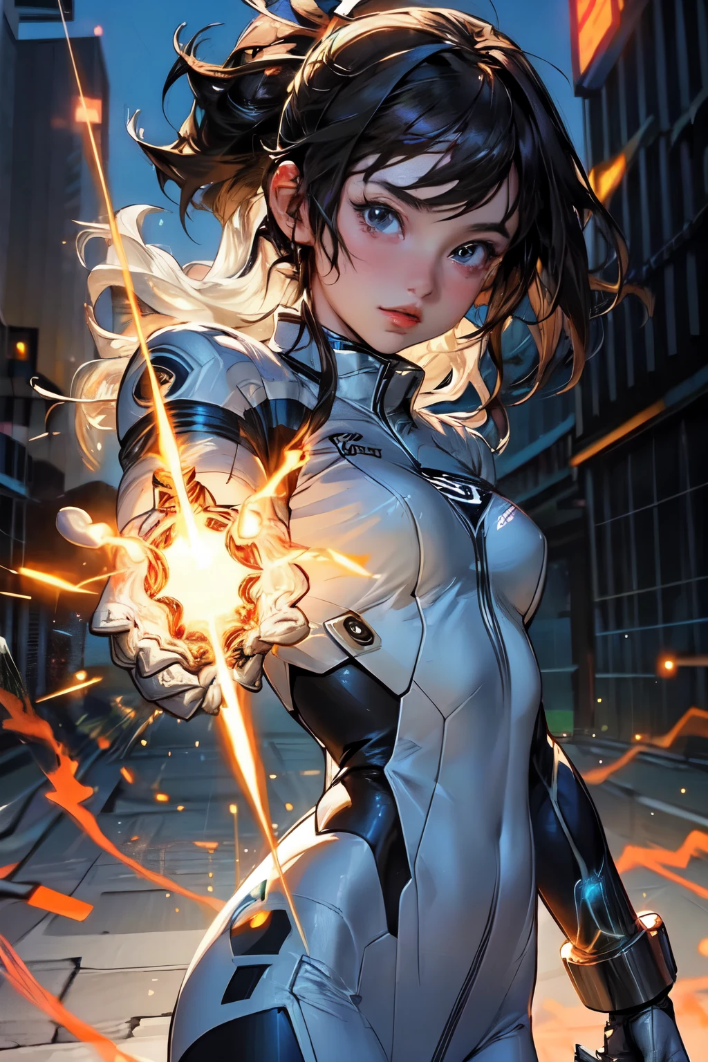 arte perfeita, anime, young black teenager in hero uniform, uniforme mesclando as cores azul e branco, mastering electrical powers, na cidade a noite