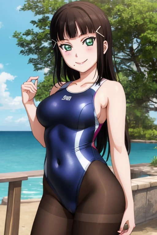 best quality, ultra-detailed masterpiece, dia kurosawa, one-piece swimsuit, pantyhose, smile