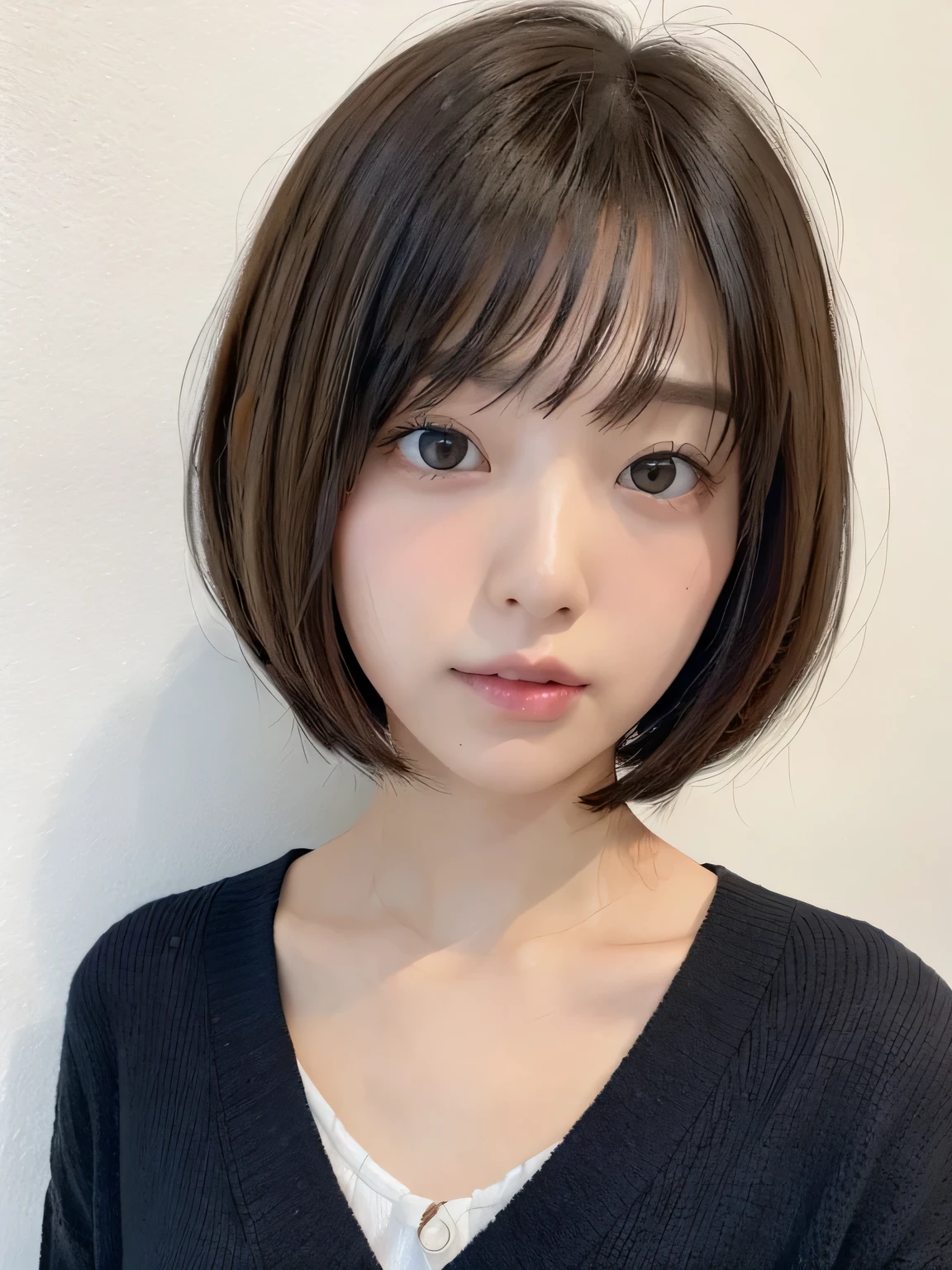 Japanese woman in her 20s、bob hair with movement、Wearing a black cardigan、Taken in front of a white wall、In a room with white walls and a window、light bob、brown hair、average face of a japanese woman