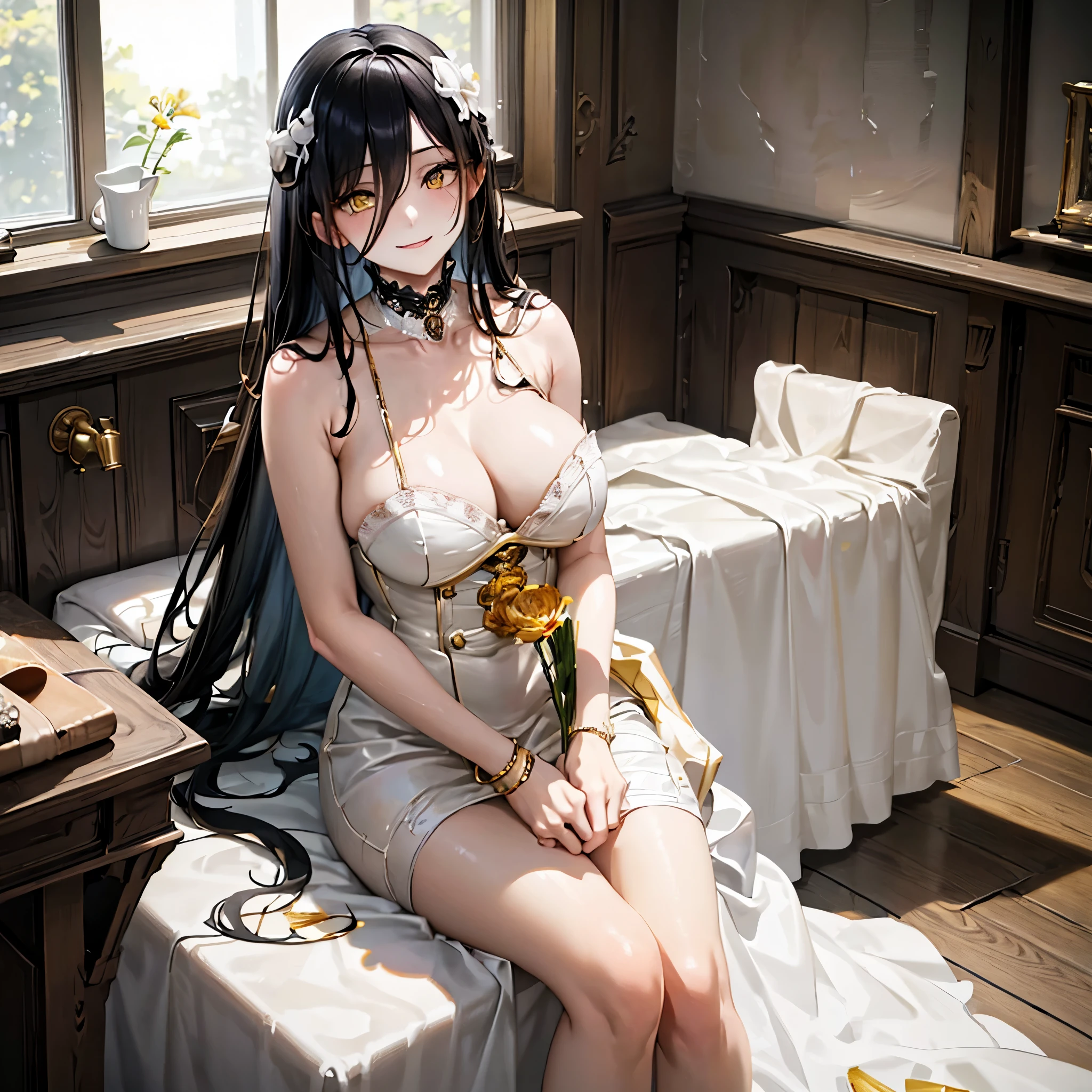 A woman wearing sophisticated white dress, long black hair, yellow eyes, red heads, big breasts, smiling, in a room of a modern house,HDR, very detailed, ultra resolution, masterpiece. 8k hd.
