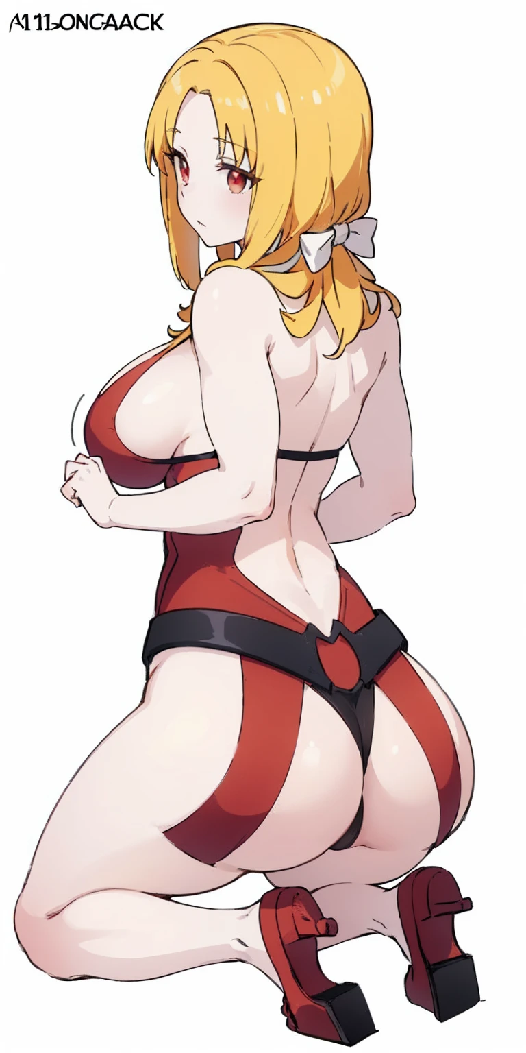 (((WHITEBACKGROUND))) (((A 1 MILF BIMBO KNEELING FULLMETAL BODY SHOT))), BIG KNOCKERS OR BREAST SFW CLEAVAGE, (big muscular ass), {{{wearing a very sexy YELLOW bikini}}} (thin waist), (ADULT ALIKE FULL body photo, white skin, red ribbons in hair, (((bright yellow OR red eyes))), good anatomy, perfect handuscular legs))), thin waist, muscular abdomen, wearing black or red high heels, (((with her back to me showing her big shapely back to me))), white skin, handtremely perfect), (perfect naillack nails, perfect 5 fingers CLENCHED FIST hands on hips), 