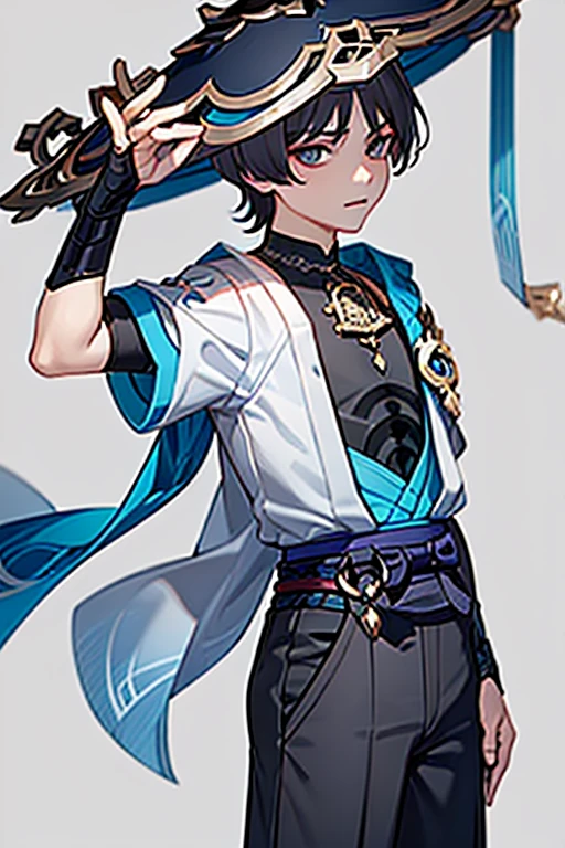 masterpiece, best quality,(wanderer:1.2), Scarmouche (Genshin Impact), 1 boy, male focus, alone, outdoor, cloud, permanent, leaf, Sky, hands on tiara, Vest,(gray background:1.4),(Berkshire:0.6)