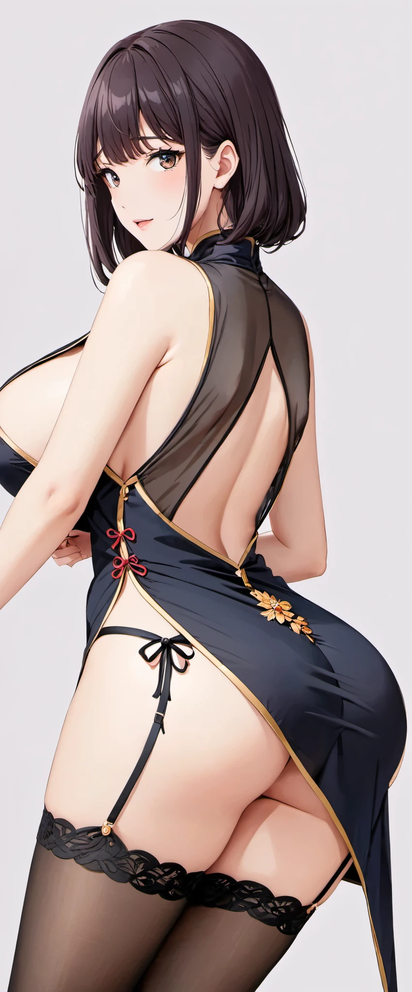 (nsfw:1.5),High resolution, adult woman , good lighting, despicable, , (No nudity), (((China dress))), (()), ((())), (garter belt), abdomen only, (huge breasts:1.2), , cute face, I'Iは恥ずかしくて赤面します, humiliating, ((look back)), ((See-through))()(T-back)(A large amount of material is attached to the body,)、sexual fluid overflowing