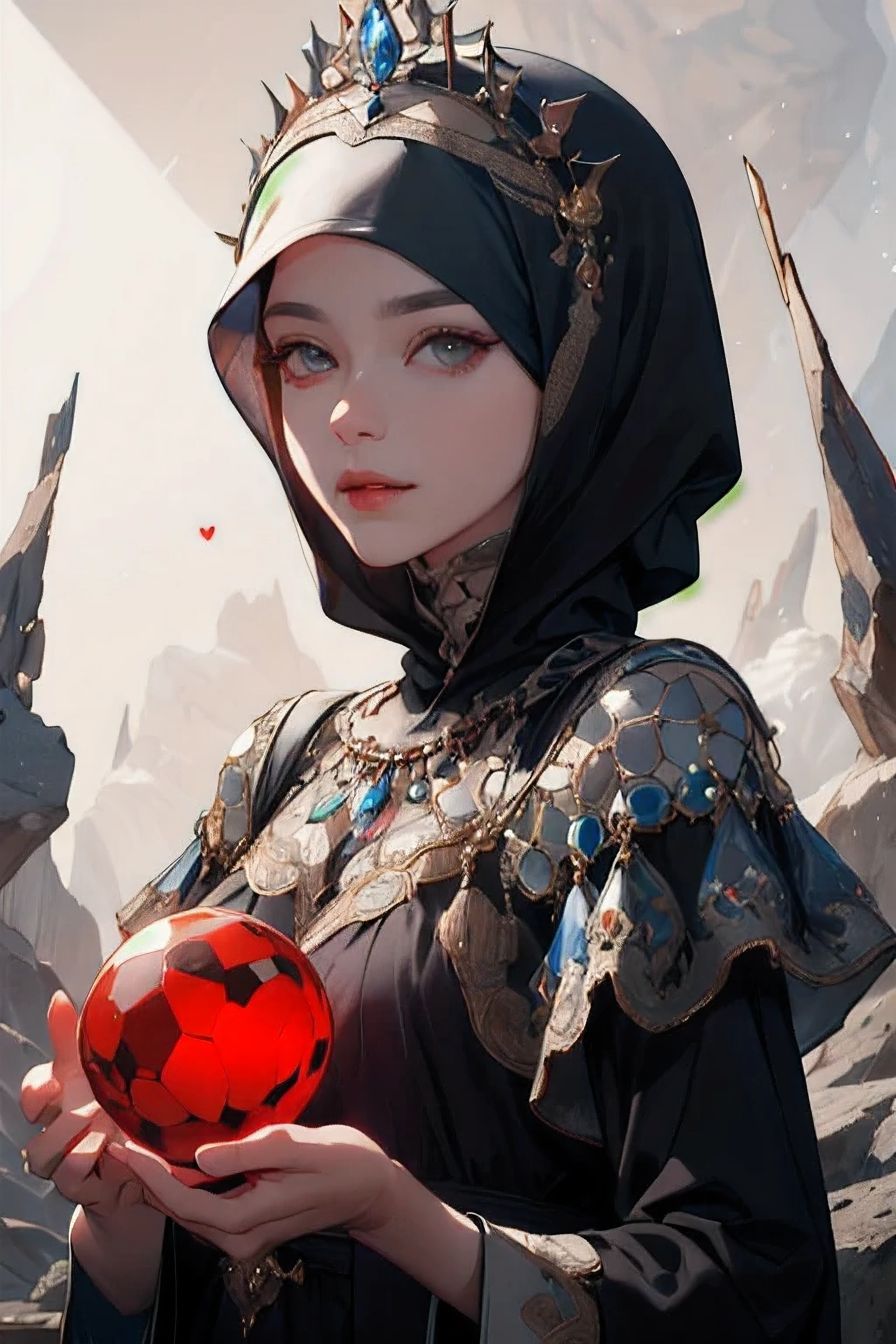 (absurdres, highres, ultra detailed), 1woman, mature female, aged up, hijab, islamic hijab, coral eyes, holding glowing heart, long sleeves, finely detailed eyes and detailed face, extremely detailed CG unity 8k wallpaper, intricate details, (style-swirlmagic:1.0),  looking at viewer, solo, upper body, detailed background, close up,  detailed face, (gothic dark ages theme:1.1), glowing heart,  dynamic pose, islam themed clothes, red crystal crown,  floating in the air, glowing magical shards, surrounded by red magical hearts,  rock formations, stalactites,  magical floating particles, crystal glass, heart crystal sphere, heart crystal canyon background, (shallow water:0.7),  epic ethereal atmosphere,   updraft,, portrait