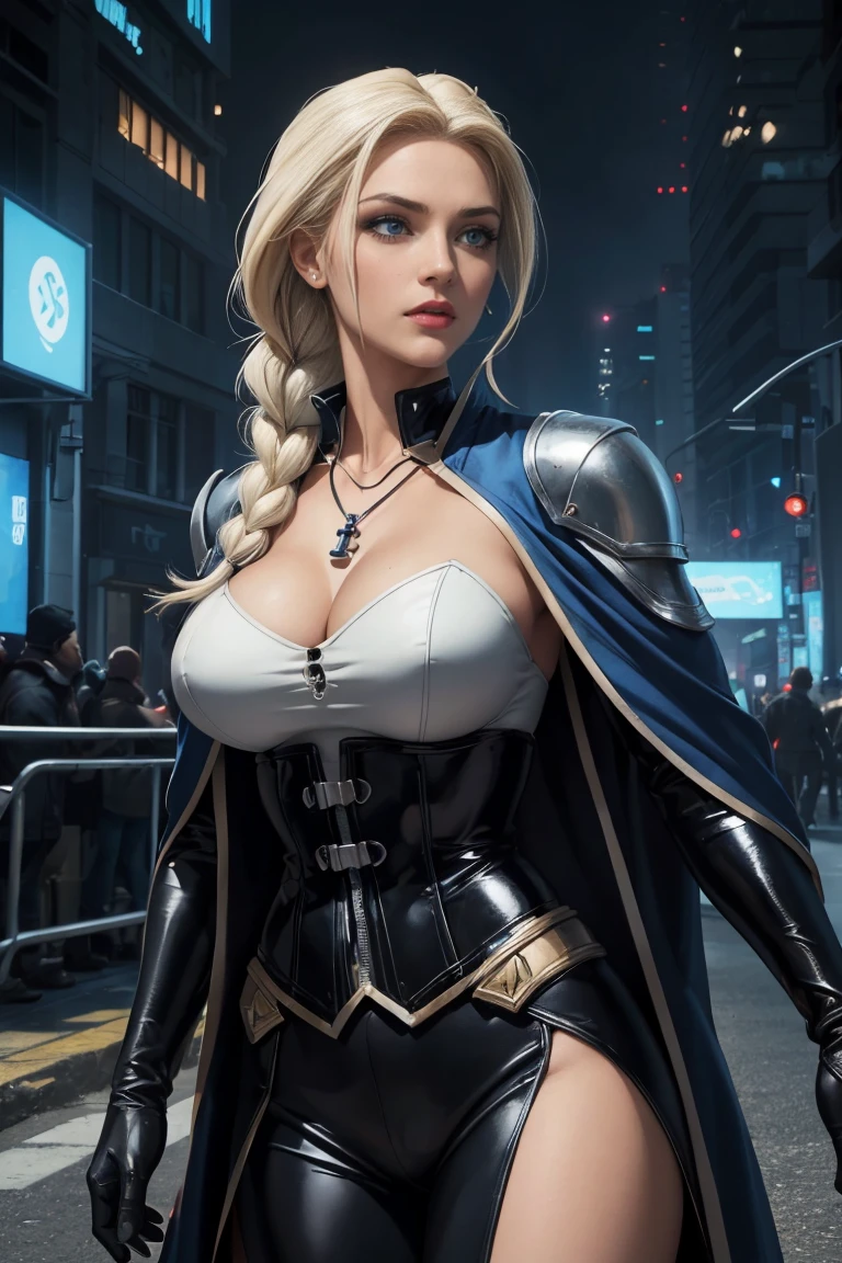 JainaProudmoore will be depicted in the futuristic world of "Aeon Flux". The artwork will be created using the medium of digital illustration. The image quality should be at its best, with a resolution of 4k or 8k. It should be ultra-detailed and have a realistic, photorealistic appearance. The colors should be vivid and the lighting should be carefully designed to enhance the overall atmosphere of the scene.
In the artwork JainaProudmore character will be portrayed with beautiful, detailed eyes and lips. Her face will be extremely detailed, capturing her unique features and expressions. (makeup, mascara:1.1), lips,(thick\lips\), (shiny glossy translucent clothing:1.1), white hair, blonde hair, streaked hair, single braid, eyeshadow, lipstick, makeup, detailed face, (blue eyes:0.75), anchor necklace, magic,single pauldron, cape, cropped jacket, corset, detached sleeves, gloves, (blue pants:1.1), (skirt:1.1), single gauntlet, knee boots, (upper body:1.2), (busty:1.1) , (chubby:0.1), She will be shown in a dynamic pose, reflecting her strong and confident personality. The background will be a futuristic cityscape, showcasing the sci-fi elements of the "Aeon Flux" universe. The city will be presented in a dark and moody color palette, with neon lights illuminating the streets. The composition will have a strong sense of depth, with layers of buildings and structures creating a visually striking image.
The artwork will have a professional and polished look, with sharp focus and ultra-fine painting details. The use of HDR and studio lighting will further enhance the realism of the scene. The overall style of the artwork will be influenced by concept artists, combining elements of science fiction and dystopia. The final result should be a masterpiece that captures the essence of "Aeon Flux" and portrayal of the JainaProudmoore iconic character.