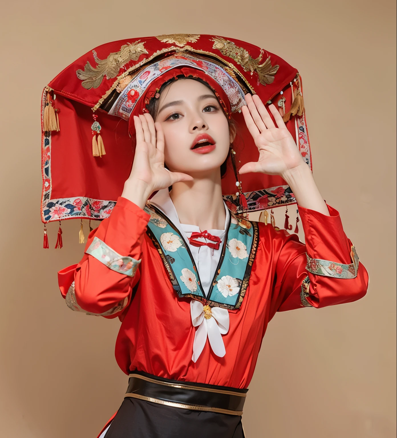 Woman in red dress and red hat, traditional this costume, traditional Chinese clothing, traditional Chinese, Hanfu, traditional clothing, traditional clothing, traditional clothing, Wear authentic clothing, wearing chinese clothes, chinese woman, Matching Chinese clothing, Traditional clothing, Chinese style, traditional beauty, Inspired by Fu Miao, this costume
