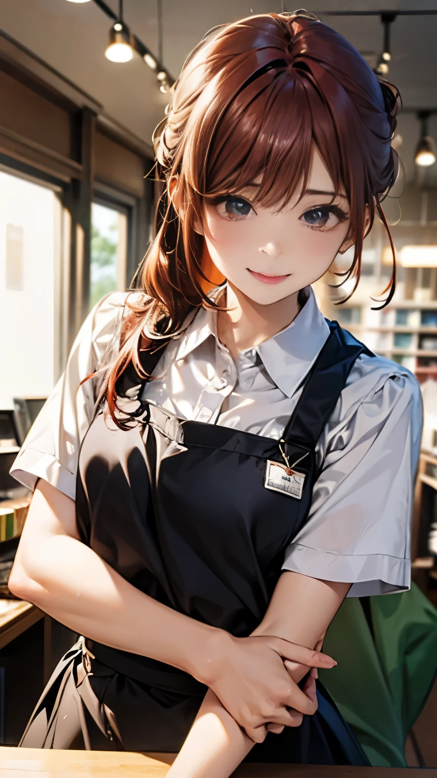 A breathtaking masterpiece、Captured in breathtaking 8K resolution、The portraits are exquisitely detailed and realistic.。The scene is bathed in HDR light.、Depicts a beautiful woman at a medium distance、((chignon:1.8、straight hair、red hair))、medium breasts、high school girl、(convenience store clerk、blouse、The apron is clean、Has the store logo。A name tag is attached to the chest、We welcome our customers with a bright smile。)、In a perfect contrapposto pose、Her hands were delicately placed on her head、Smiling amiably at the viewer。She exudes an aura of grace and charm.。