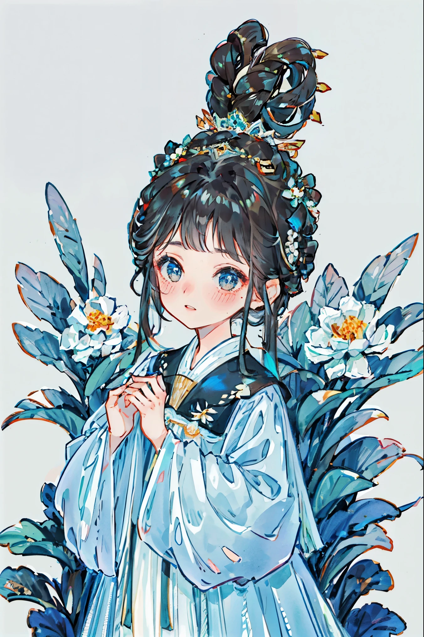 1 sister, alone, looking at the audience, Blushed, background with, black hair color hair, hair accessories, long sleeve, White background, Everlasting, Full body female love, flowers bloom, hair flower, bun, Butterfly, masterpiece, recent quality, best details, clear facial features, beautiful eyes