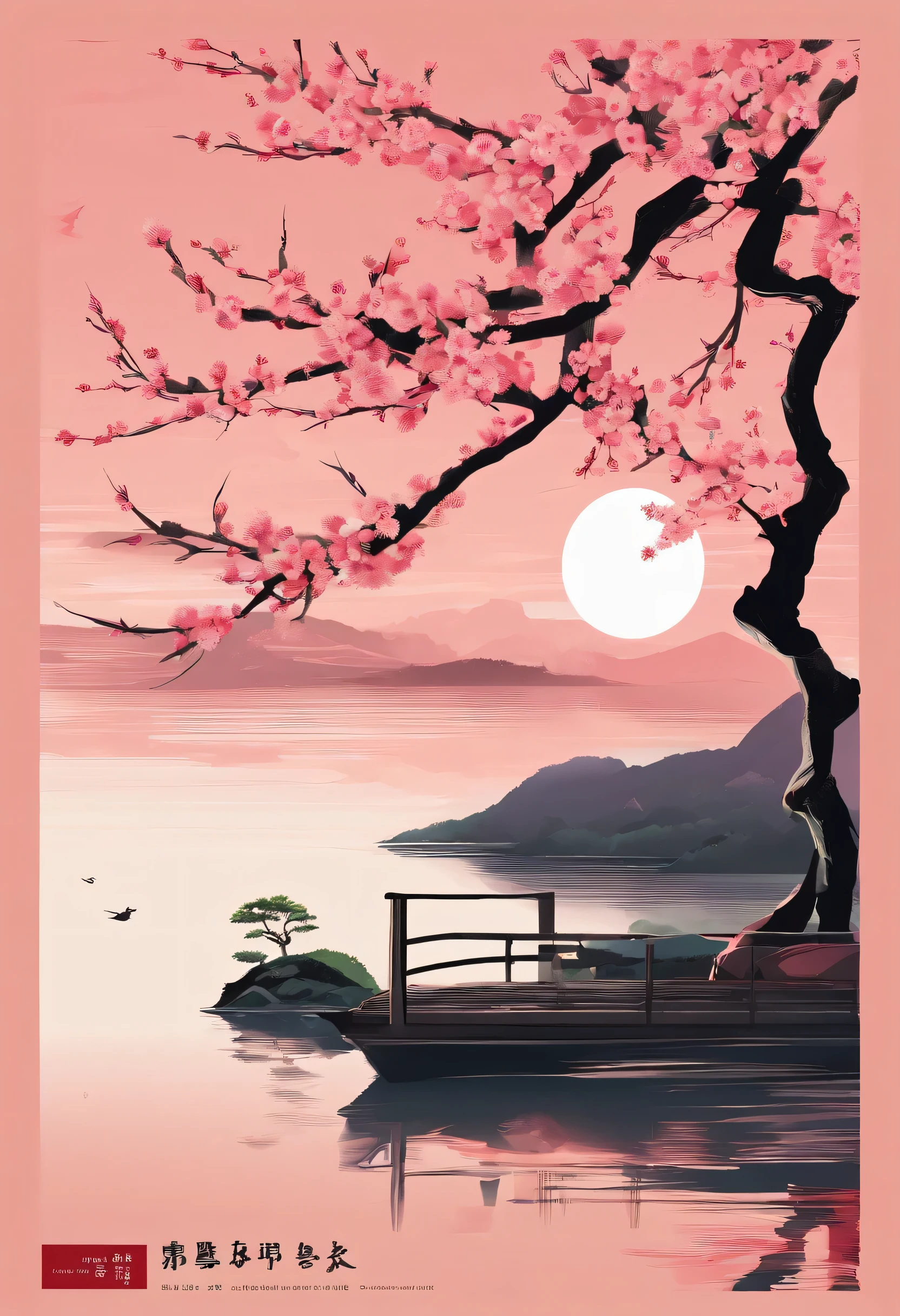 Cherry blossoms at night、A shining sphere like the moon floating on the lake、Perfect sphere、beautiful lake surface、Early Spring,(((Sakura NS))),national style,Ink Wind,Close-up,landscape,don't be characterized,don't be characterized