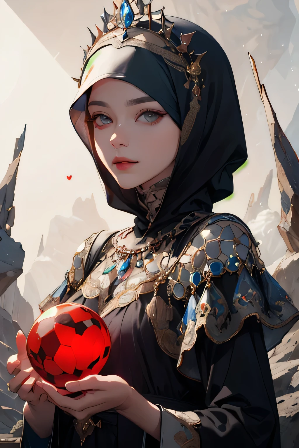 (absurdres, highres, ultra detailed), 1woman, mature female, aged up, hijab, islamic hijab, coral eyes, holding glowing heart, long sleeves, finely detailed eyes and detailed face, extremely detailed CG unity 8k wallpaper, intricate details, (style-swirlmagic:1.0),  looking at viewer, solo, upper body, detailed background, close up,  detailed face, (gothic dark ages theme:1.1), glowing heart,  dynamic pose, islam themed clothes, red crystal crown,  floating in the air, glowing magical shards, surrounded by red magical hearts,  rock formations, stalactites,  magical floating particles, crystal glass, heart crystal sphere, heart crystal canyon background, (shallow water:0.7),  epic ethereal atmosphere,   updraft,, portrait