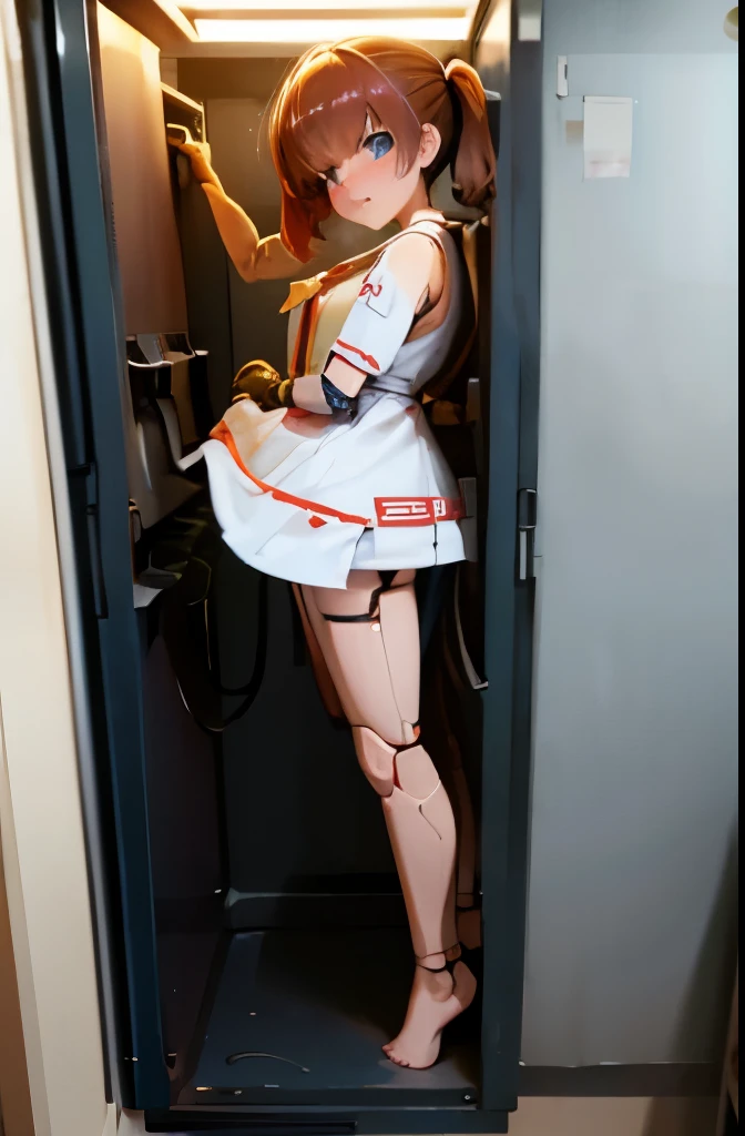 A Female robot is sleeping in bedroom, spread legs, nude, banzai pose. she wears no dress. She Brown short hair is tied with two big red clothespins, She lifts up the under hem of her white plain dress, leaning over, masterpiece, very short pigtails,brown hair, mature, android, blue eyes, full body figure, Height: 160cm, flushed cheeks, 2020s anime picture, A beautiful robot with short brown hair in two short pigtails held up by two very large huge red clothespins, Uplifting, No NSFW, whole body, barefoot, archaic smile, getting orgasm, 25 years old, sweat bucket. 