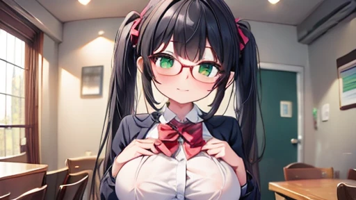 highest quality,wonderful,finely,extremely detailed CG unity 8k wallpaper,written boundary depth,1 girl, big breasts,(clothed), (breast squeeze:1.3), black hair, glasses, green eyes,twin tails,full body, highest quality,Super detailed,unity 8k wallpaper,game CG,