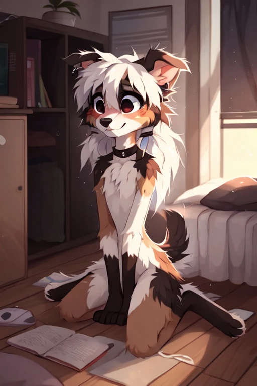 Dorm room, dark, beautiful illustration, ((by reysi)), Furry, ((Australian Shepard)), (solo), ((slender)), dark fur, white hair, ponytail, ((teen)), ((female)), short, small breasts, (black mascara, ear ring, tight choker, short tail, embarassed, nervous, smile, shaking motion lines), (((sad eyes))), (nude, clothes on floor, trying to cover crotch),