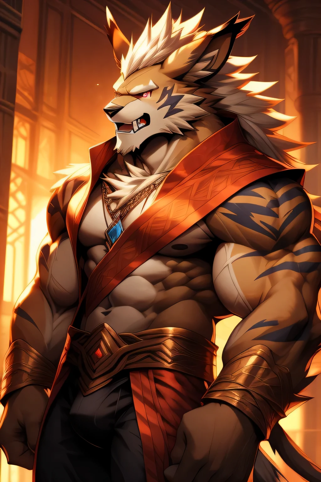 Two-dimensional Leomon orcs,Adult Leomon,The standard body of a Leomon,The highest appearance,Highest image quality,red color eyes,golden skin, fur, hair; white mane, Look to the right,Digimon, Leomon,mischievous smile, open mouth, white teeth, red tongue, huge muscles, bulge pecs, chiseled abs, 300 lbs, HUGE, best qualtiy,masterpiece,Textured skin,romanticism lain,Cinematic lighting effects,Ray traching,beautiful pupil,Diamond-shaped pupils,Eyes resolute,muscular male,one sword, Silas, Extremely detailed Artgerm, caleb from critical role, commission for high resolution, warwick saint, Artgerm on ArtStation Pixiv, nasus, casimir art, trends in art station, raziel irl, djinn human hybrid,Wear JEDI ROBE